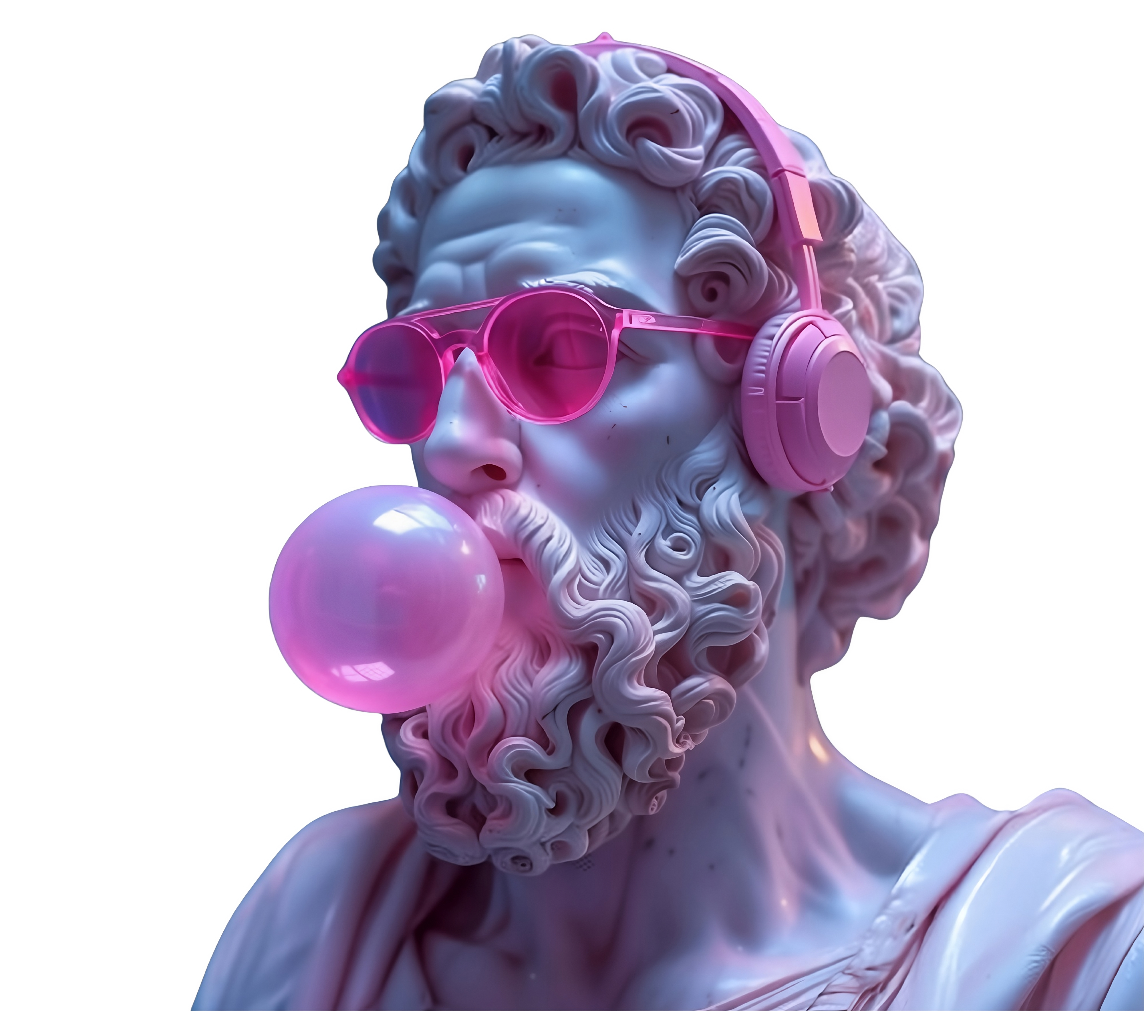 Statue with bubblegum and headphones